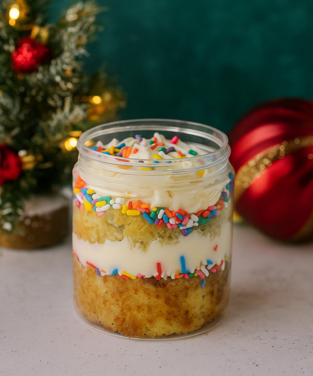 Layered cake in a jar with colorful sprinkles against a festive background