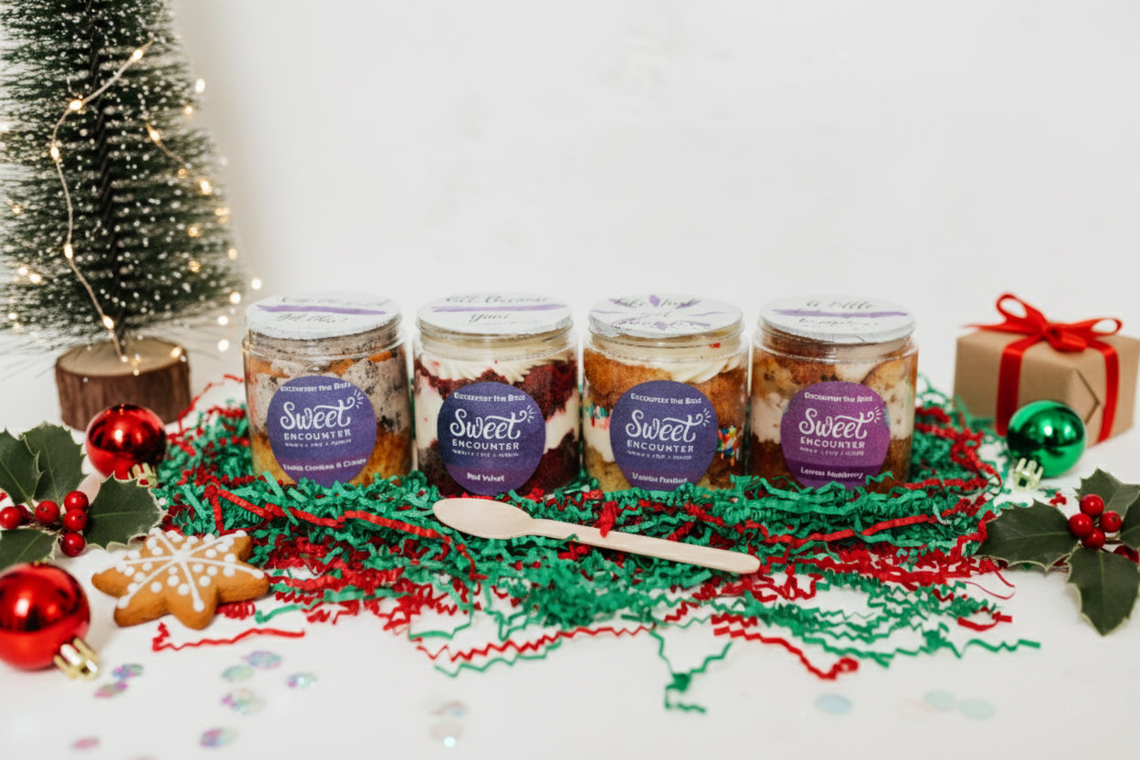 Four jars labeled 'Sweet' on a festive background with Christmas decorations.
